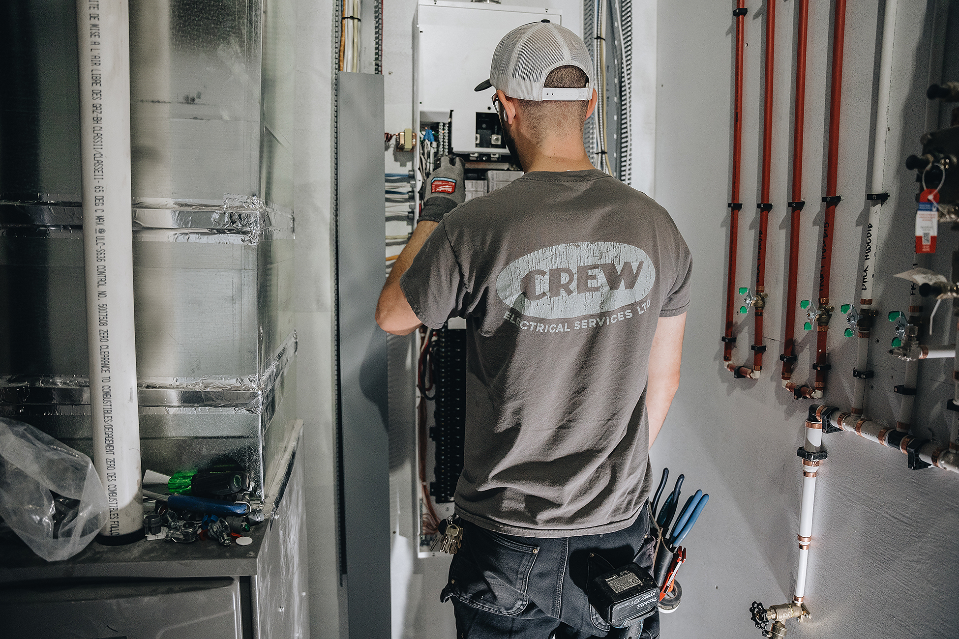 Basement electrician Calgary — Crew Electrical Services rough-in with recessed lighting layout and labelled boxes